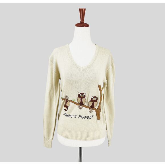 Vintage Sweaters - 1970s Vintage Nobody's Perfect Owl Sweater Small